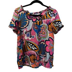 Skirtin Around 100% Silk Ruffle Trim SS Floral Blouse SZ 10